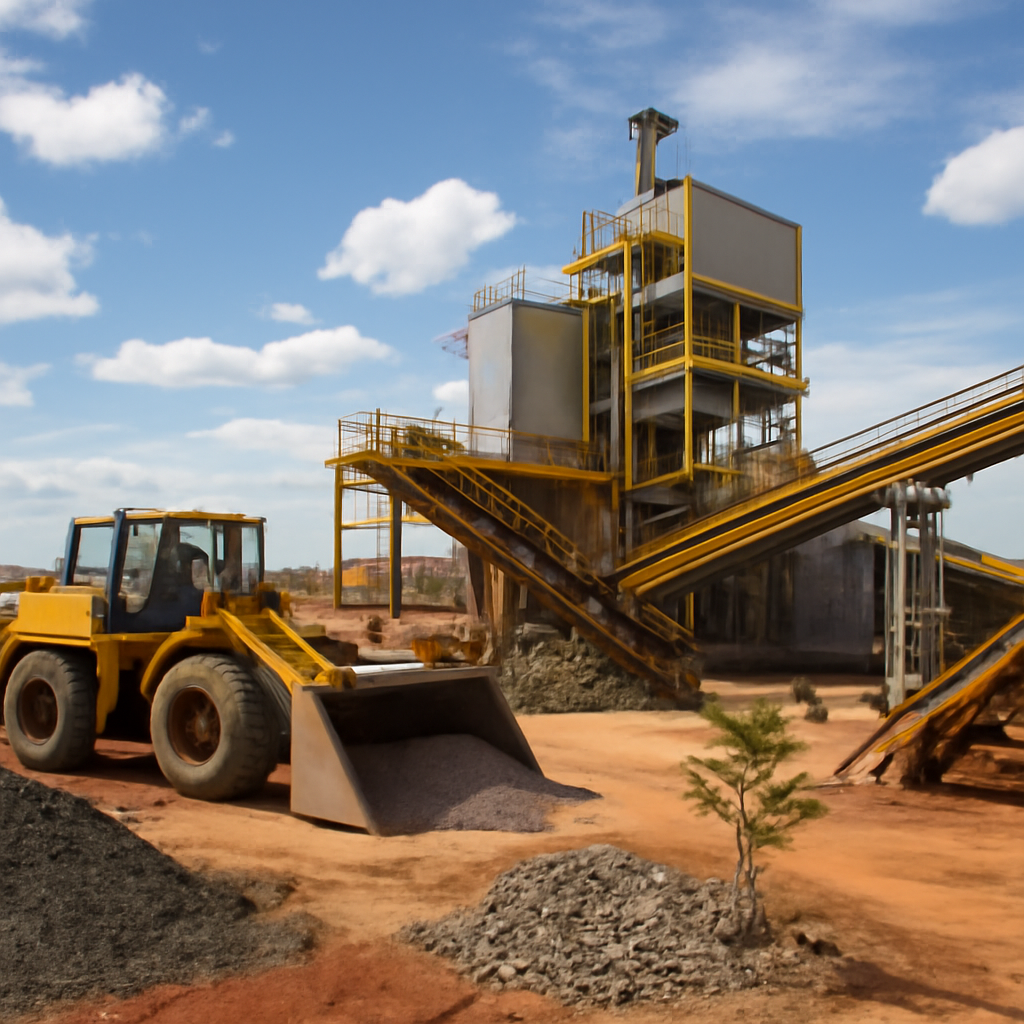 Workers in hard hats and vests stand near a large mining truck at an Australian antimony mine.