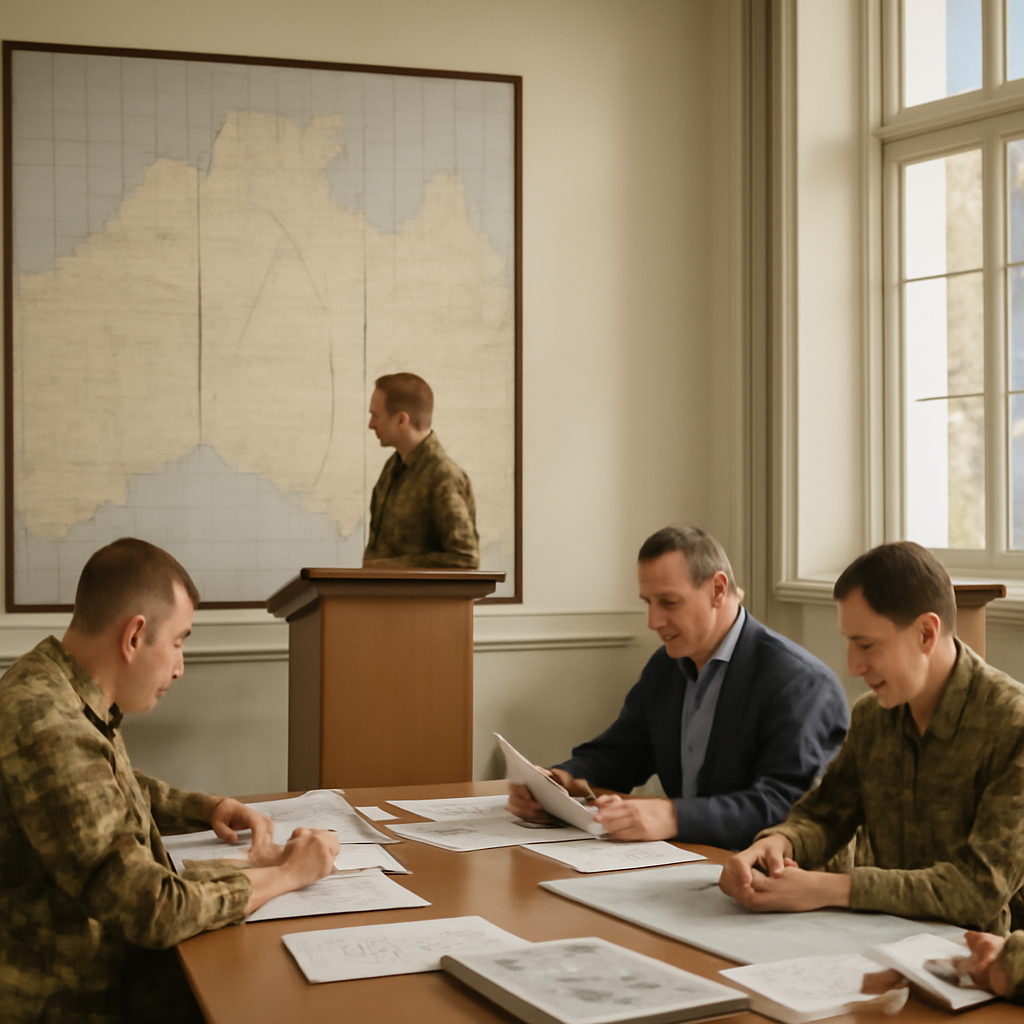 Australian Army officers and officials discuss defence plans around a table with a large Northern Territory map on the wall.
