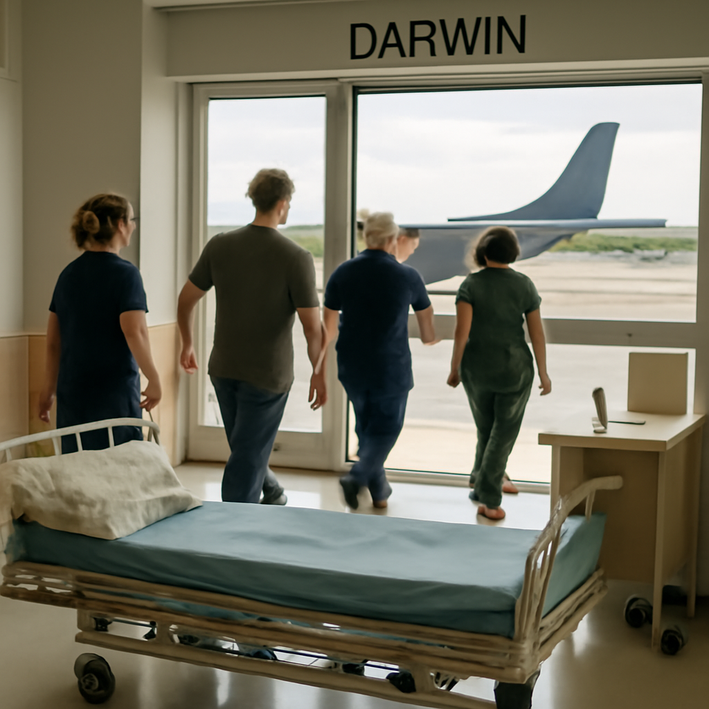 Medical staff move purposefully down a brightly-lit hospital corridor in Darwin, Australia.