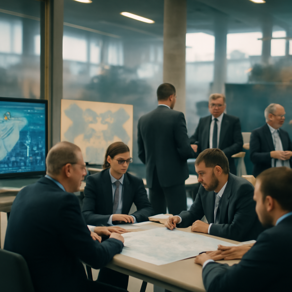 Government officials gather around a large table in a modern, industrial-style workspace, planning and overseeing defense…