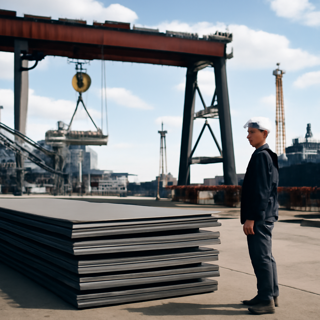 Steel plates and industrial equipment in a manufacturing facility with a worker present.