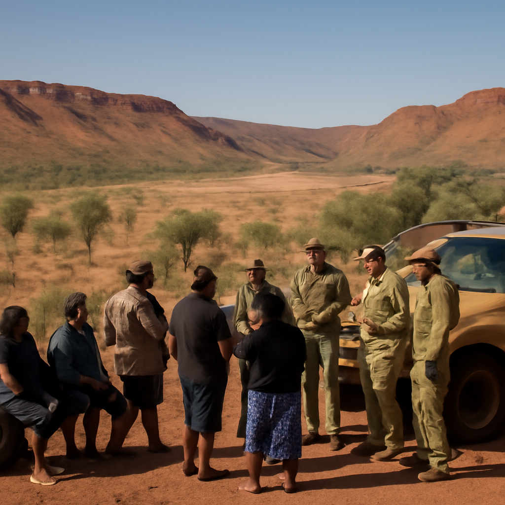 Remote Northern Territory landscape with rugged Outback terrain, sparse vegetation, and subtle hint of military…