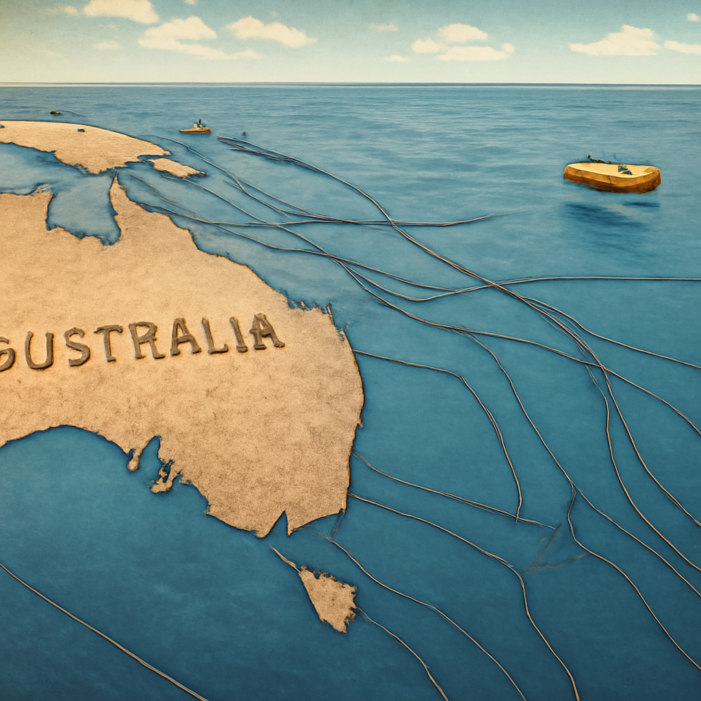 Australian coastline with undersea cables and damaged lines, with an autonomous vehicle in the distance.