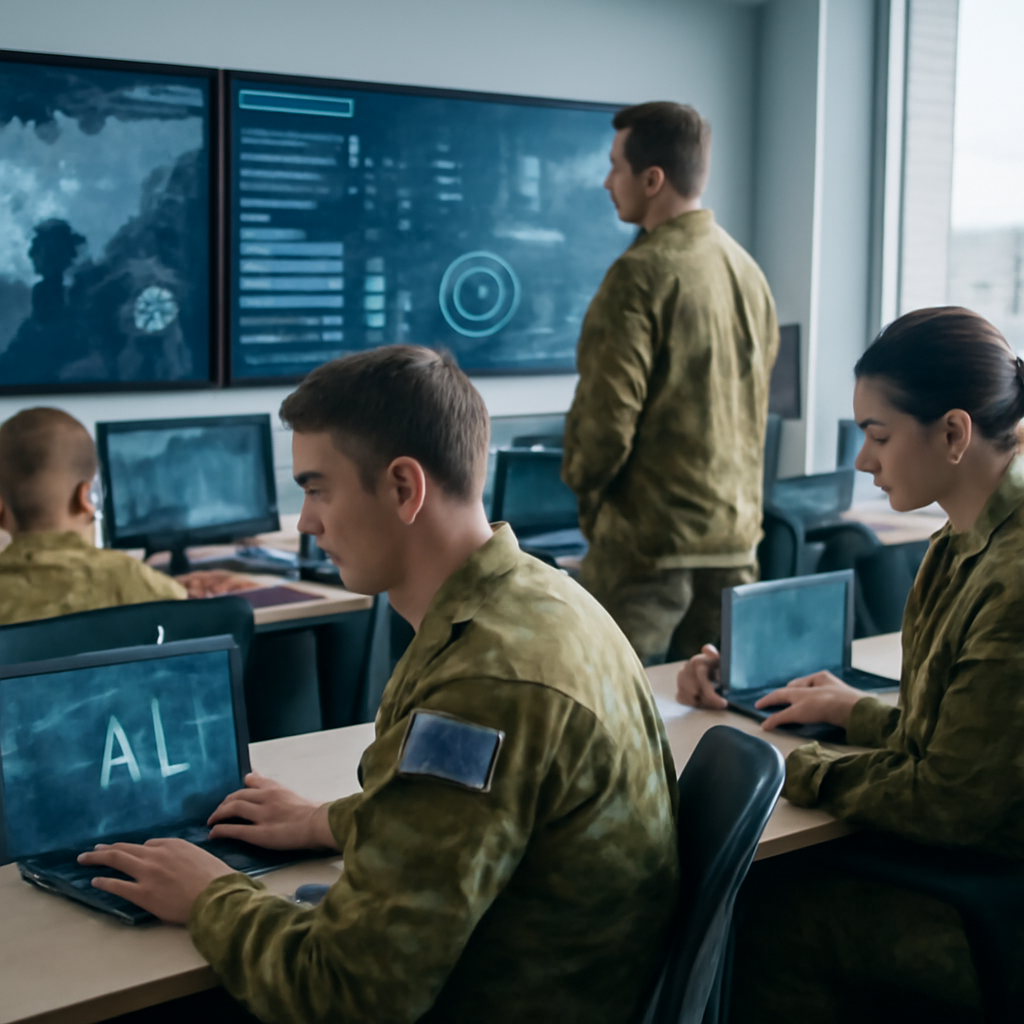 Futuristic command center with screens and personnel, showcasing AI integration in Australian defence operations.
