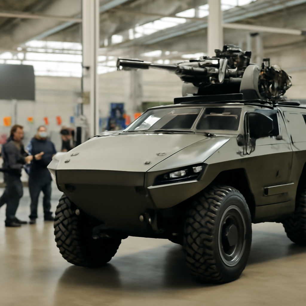 Australian defence industry workers in safety gear near a sleek, partially-assembled military vehicle.
