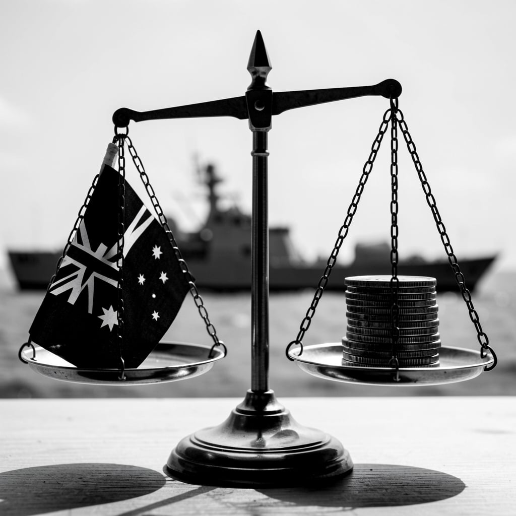 Scales balancing Australian flag and stack of coins with blurred military vehicle in background.