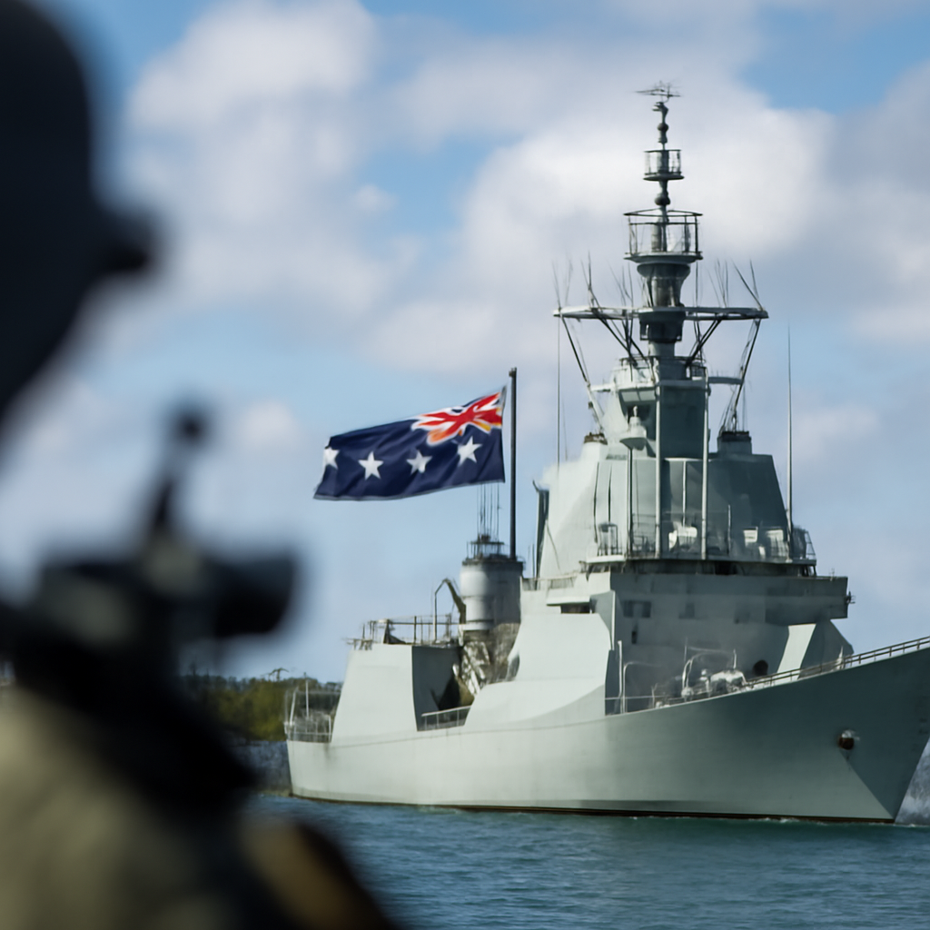 Australian naval vessel on calm waters with shore-based defence installation in background.