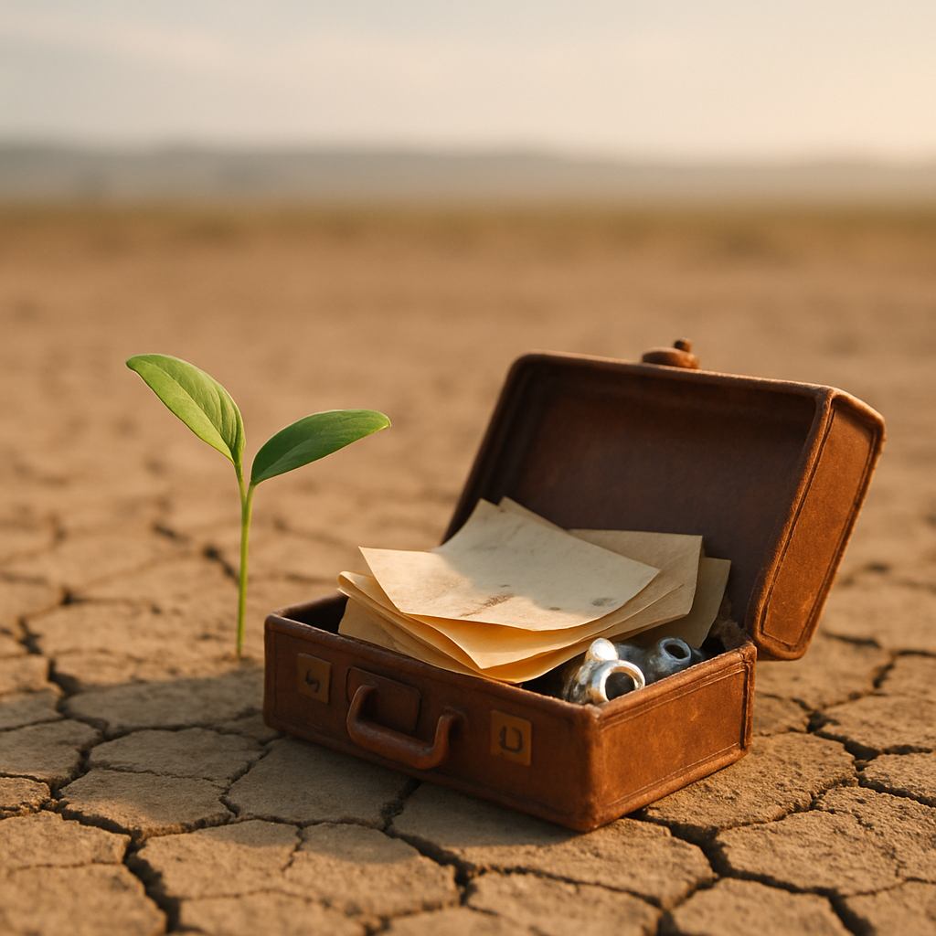 Small plant grows in dry, cracked earth beside a worn leather briefcase with loose papers and a metallic object.