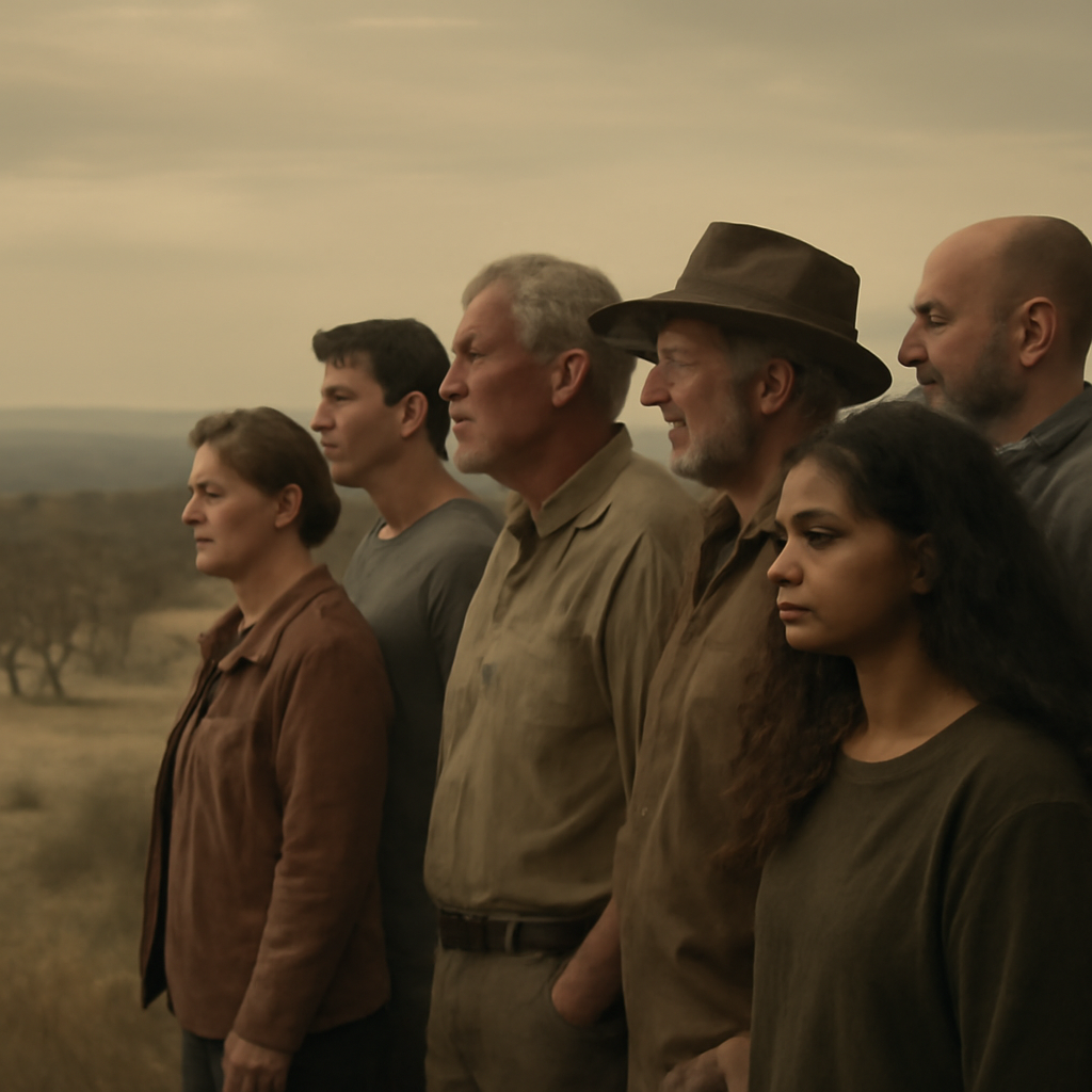 Diverse group of Australians stand together, gazing out at a distant horizon, conveying a sense of collective contemplation…