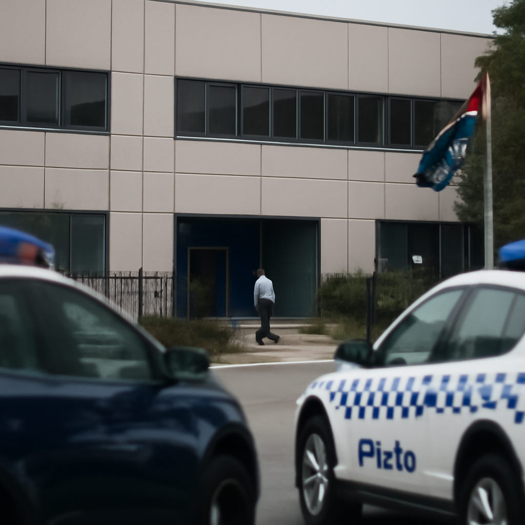 Protesters gather outside Melbourne office building with subtle signs of tension.