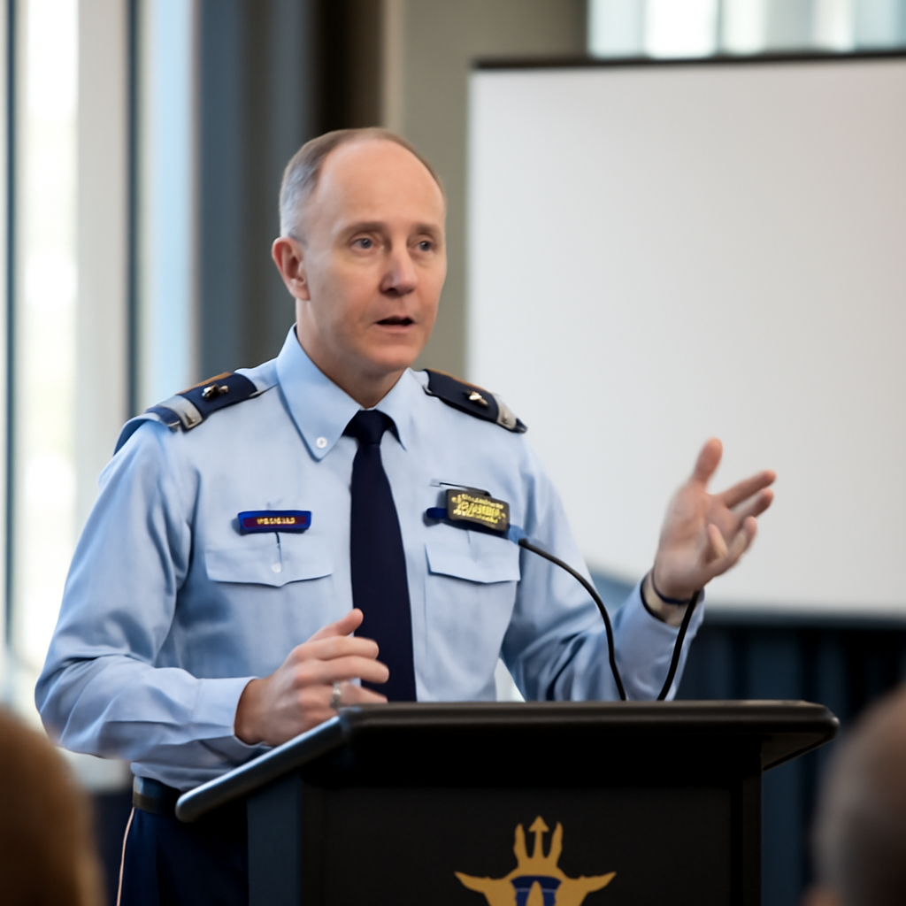 Air Marshal Stephen Chappell speaks at a podium with a blurred audience and Australian Defence Force emblem nearby.