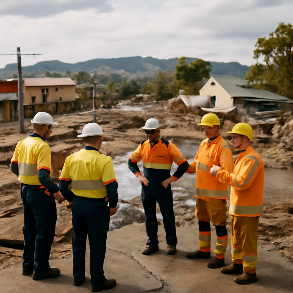 Regional Australian town with damaged buildings and infrastructure after a natural disaster.