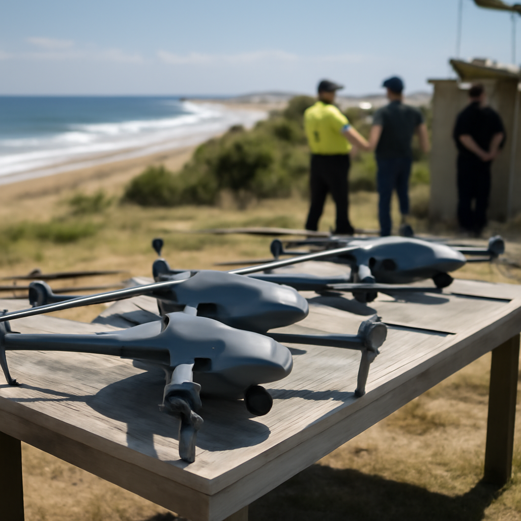 Australian-made drones sit on a table near a coastal monitoring station, with people working in the background and the…