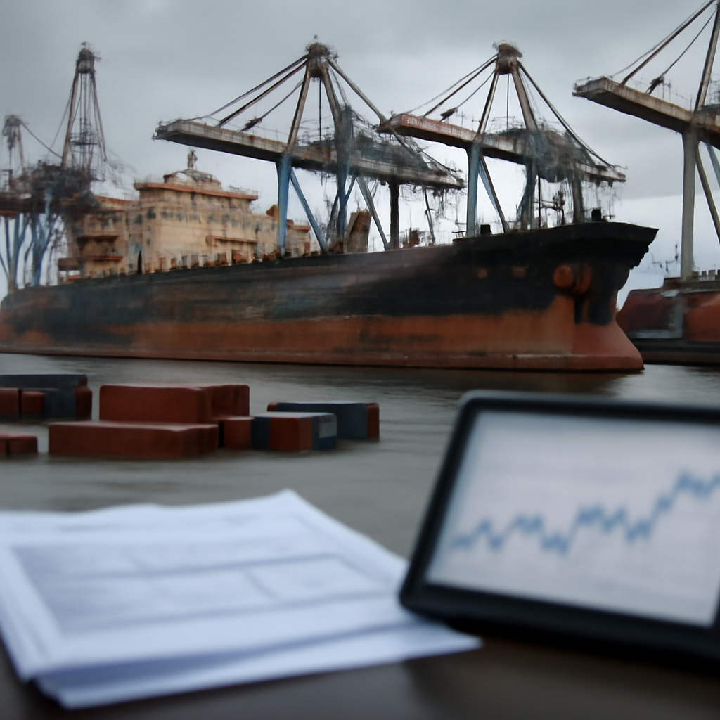 A large, ageing tanker vessel surrounded by cranes and cargo containers in a shipping yard under daylight.