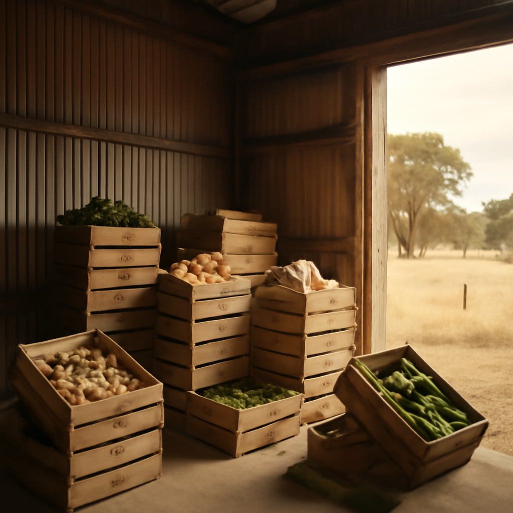 Australian farm with crates of fresh produce, some slightly disorganized, bathed in natural light from an open door.