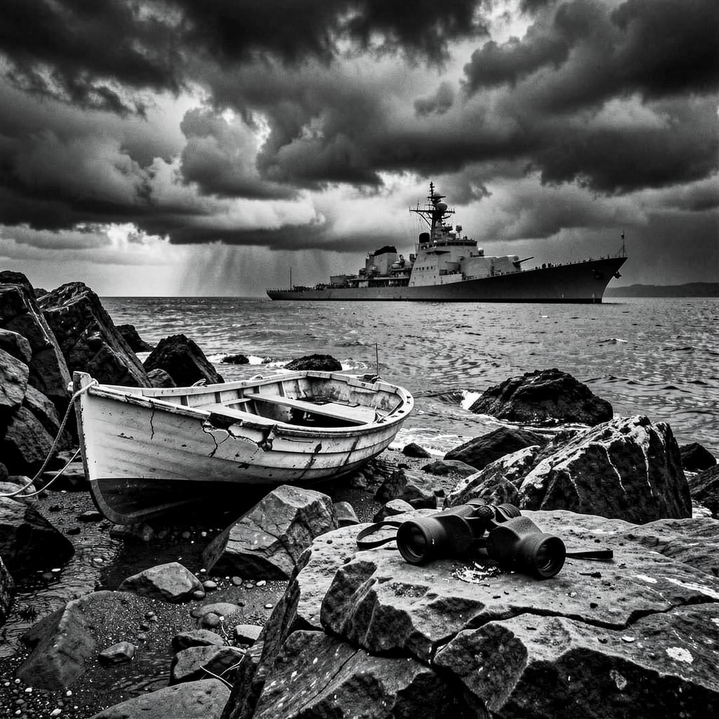 Rugged coastline with a damaged boat and broken binoculars on shore.