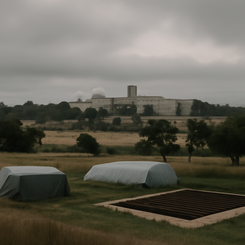 Serene Australian landscape with distant defense facility or university campus and abstract representations of agricultural…