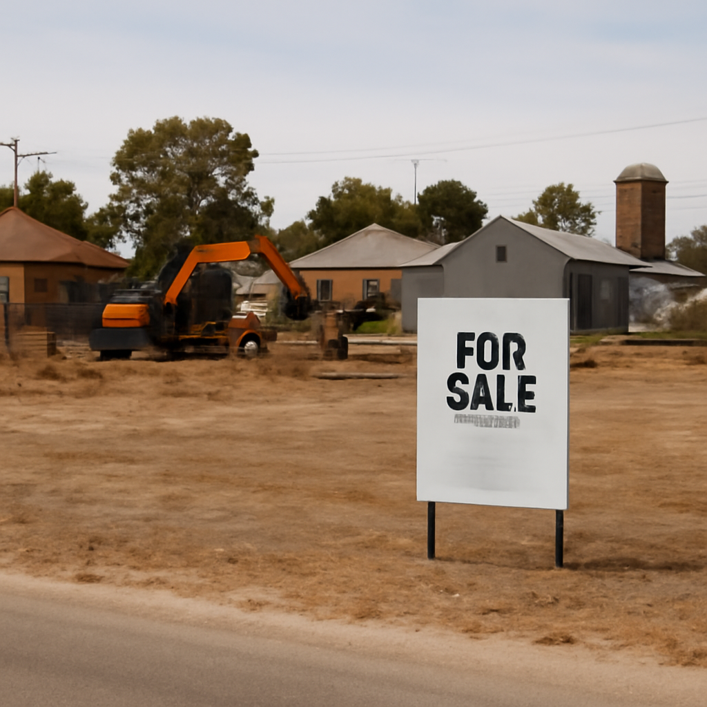 Residential lot with For Sale sign in foreground, construction site and buildings in background.