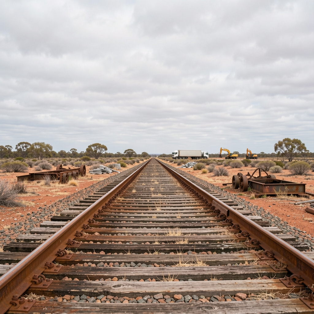 Worn rail track stretches into the distance across arid Australian landscape.