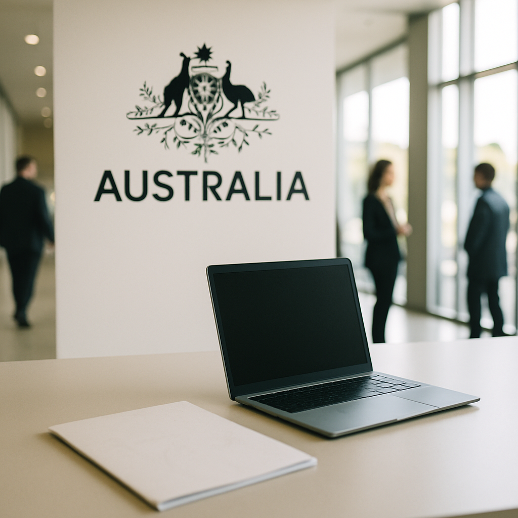 Modern Australian tech facility interior with sleek lobby and bright daytime lighting.