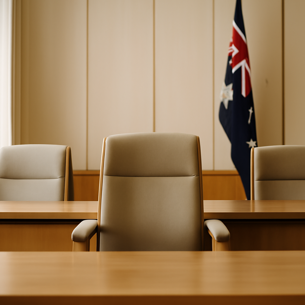 Formal Australian government setting with empty chair and subtle national symbols.