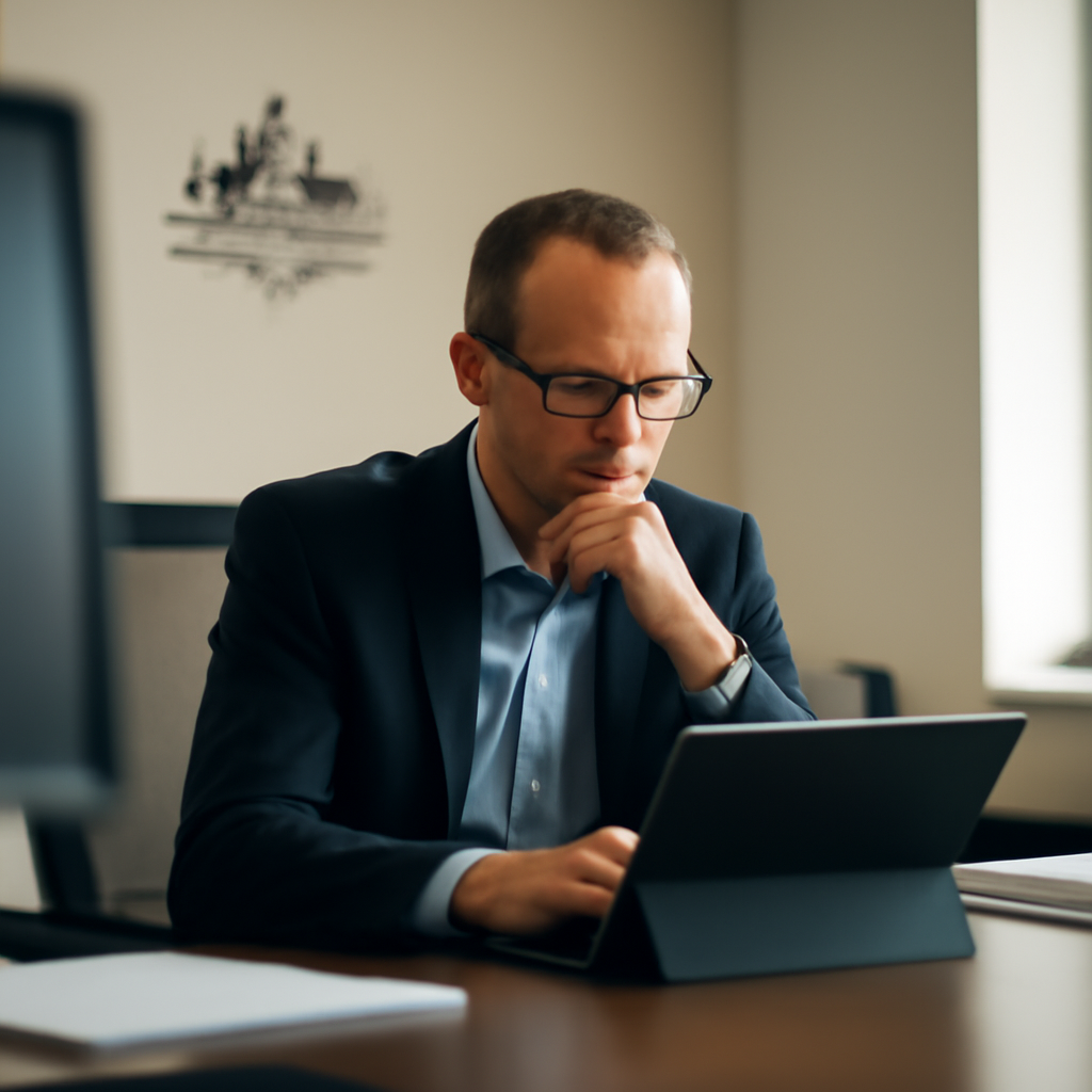Intelligence officer working on laptop amidst screens and documents in modern office.