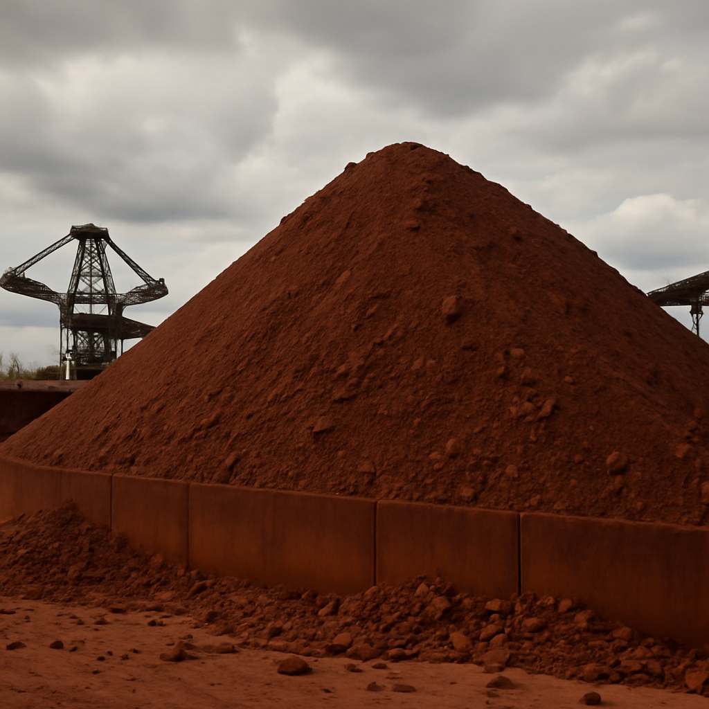 Large heap of rust-colored iron ore with mining structures in background.