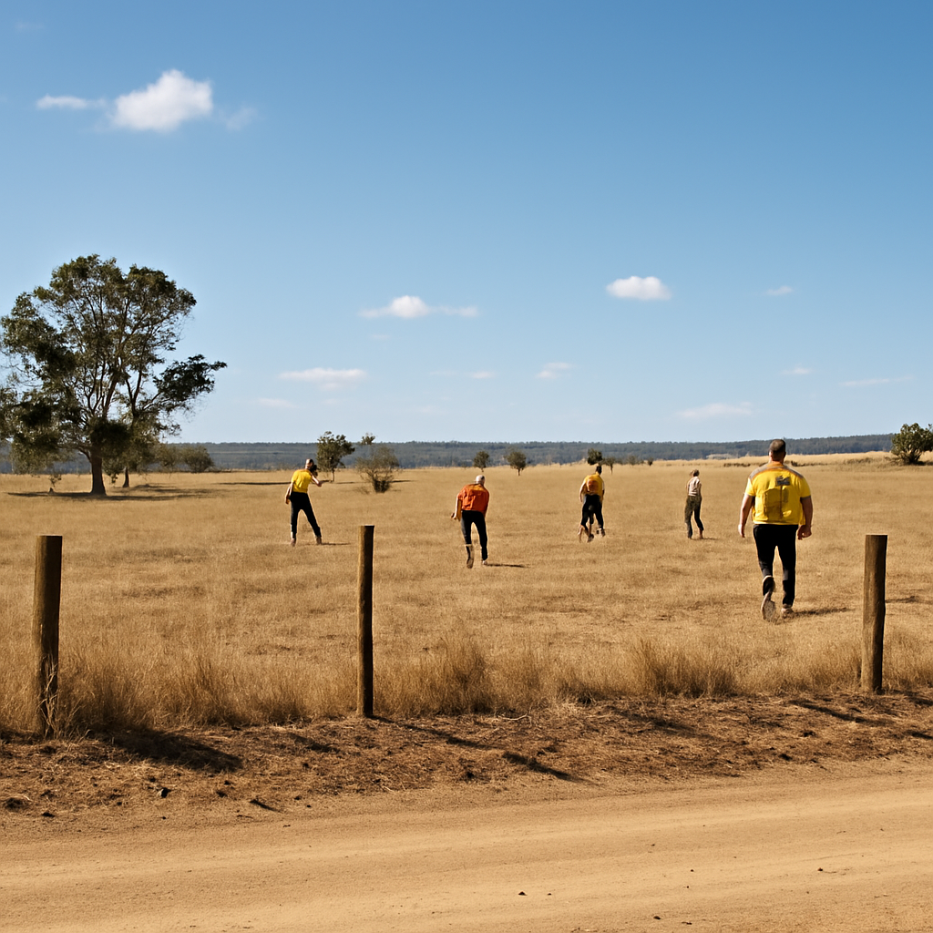 Rural Australian landscape with workers on a farm or construction site under a clear daytime sky.