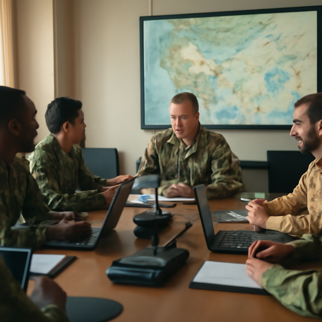 Military personnel from various countries in a briefing room with a tactical map display.