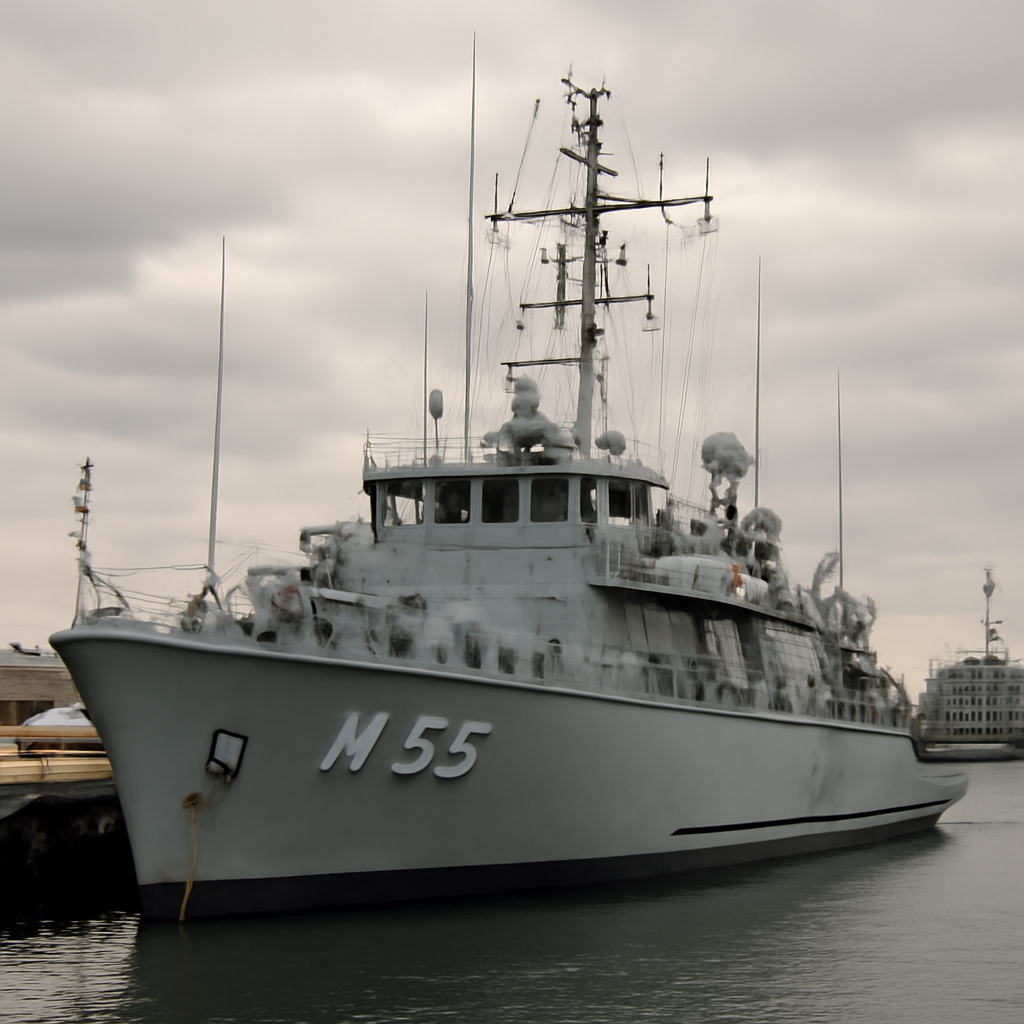 Royal Australian Navy Huon-class minehunters docked in a harbor on a cloudy day.