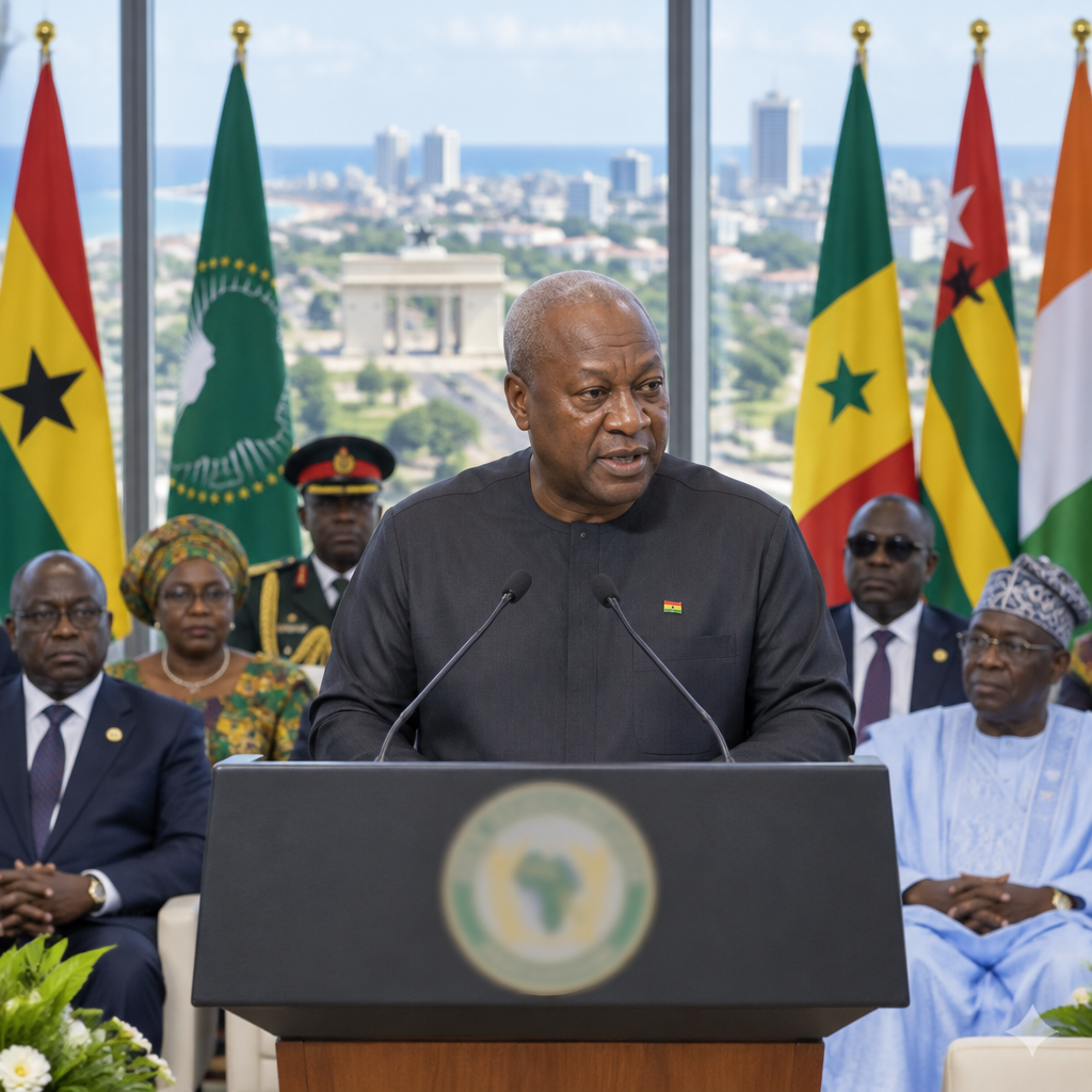 Ghanaian President John Mahama speaks at a podium amidst African flags and dignitaries.