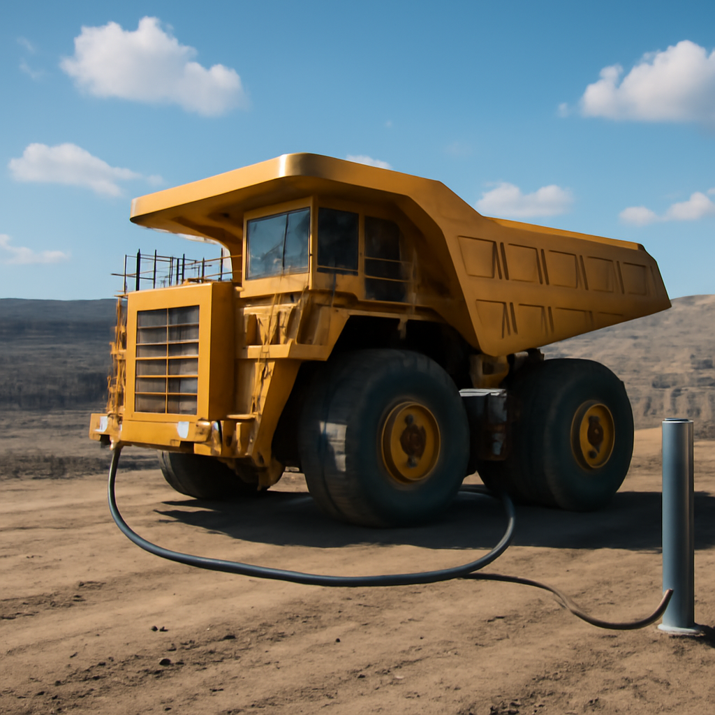 Large mining vehicle plugged into charging station in open pit mine.