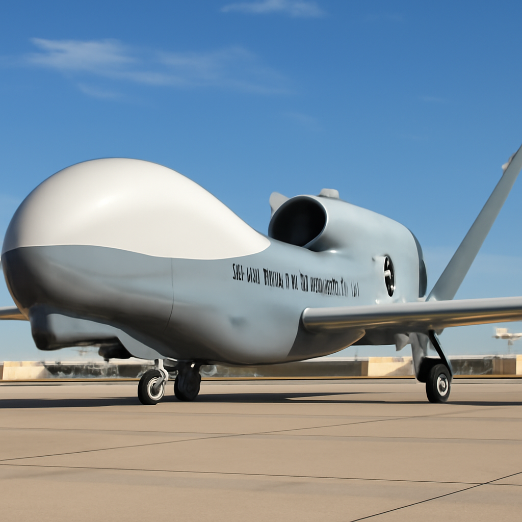 Royal Australian Air Force MQ-4C Triton unmanned aircraft on a runway with clear blue skies.