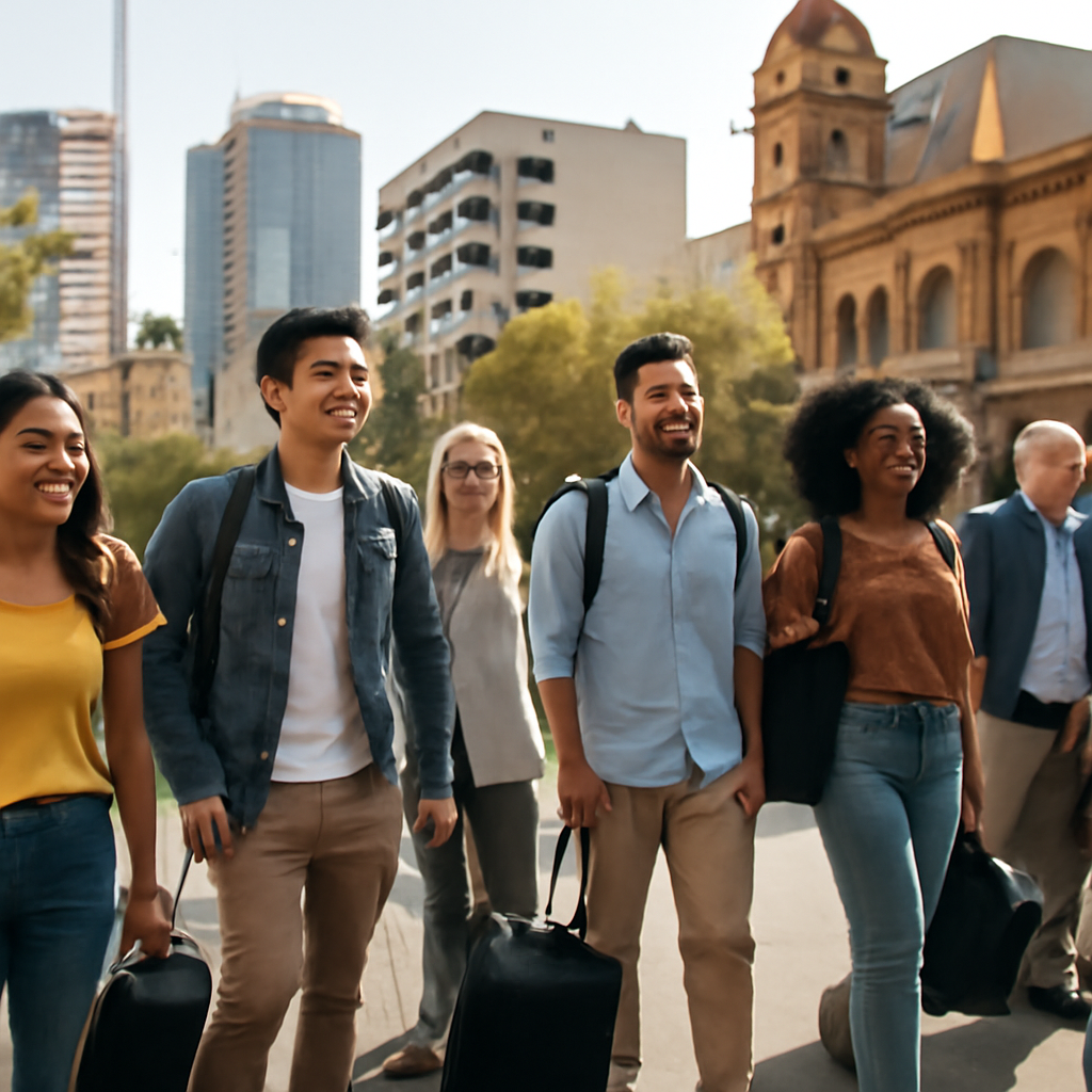 Diverse group of people walk together in sunny Australian city street, conveying community and multiculturalism.