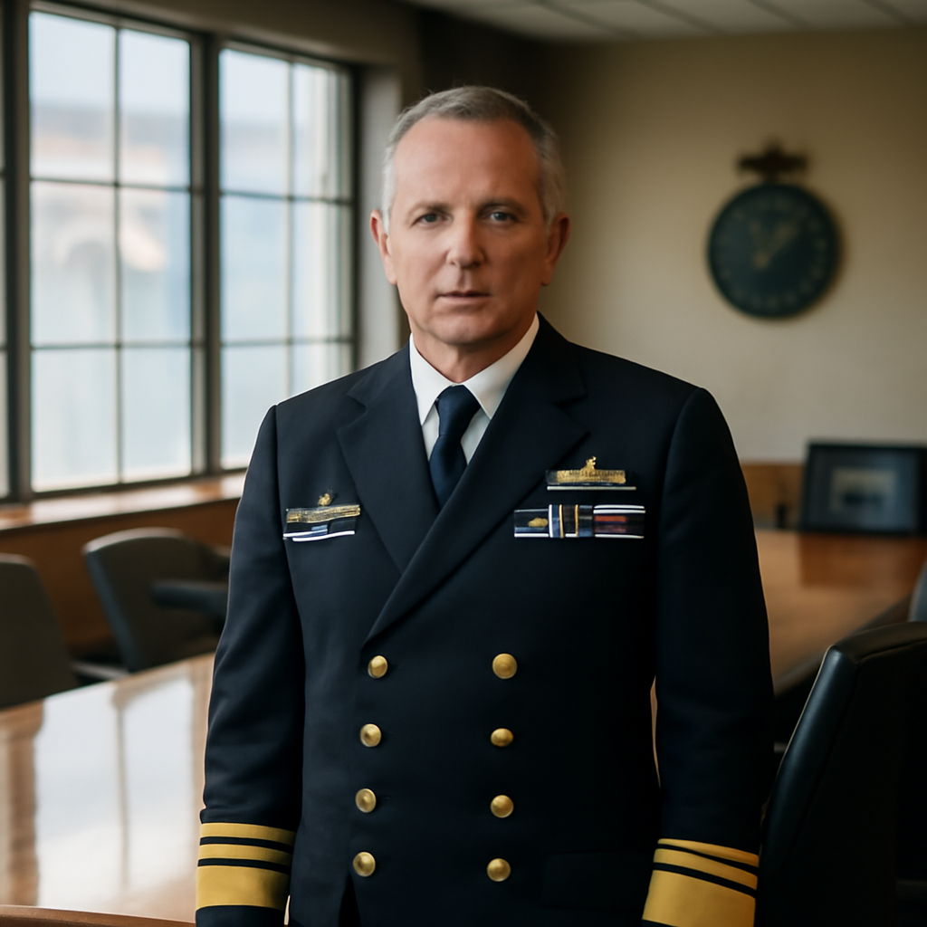 Admiral Mark Hammond in formal naval attire stands in a briefing room with a large wooden table and Australian flag motif…