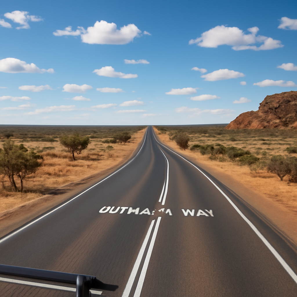 Sealed road stretches across vast Outback landscape with vehicles and rocky outcroppings under a clear blue sky.