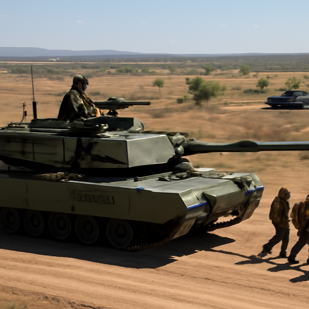 Australian Army tanks and personnel training at a northern military base.