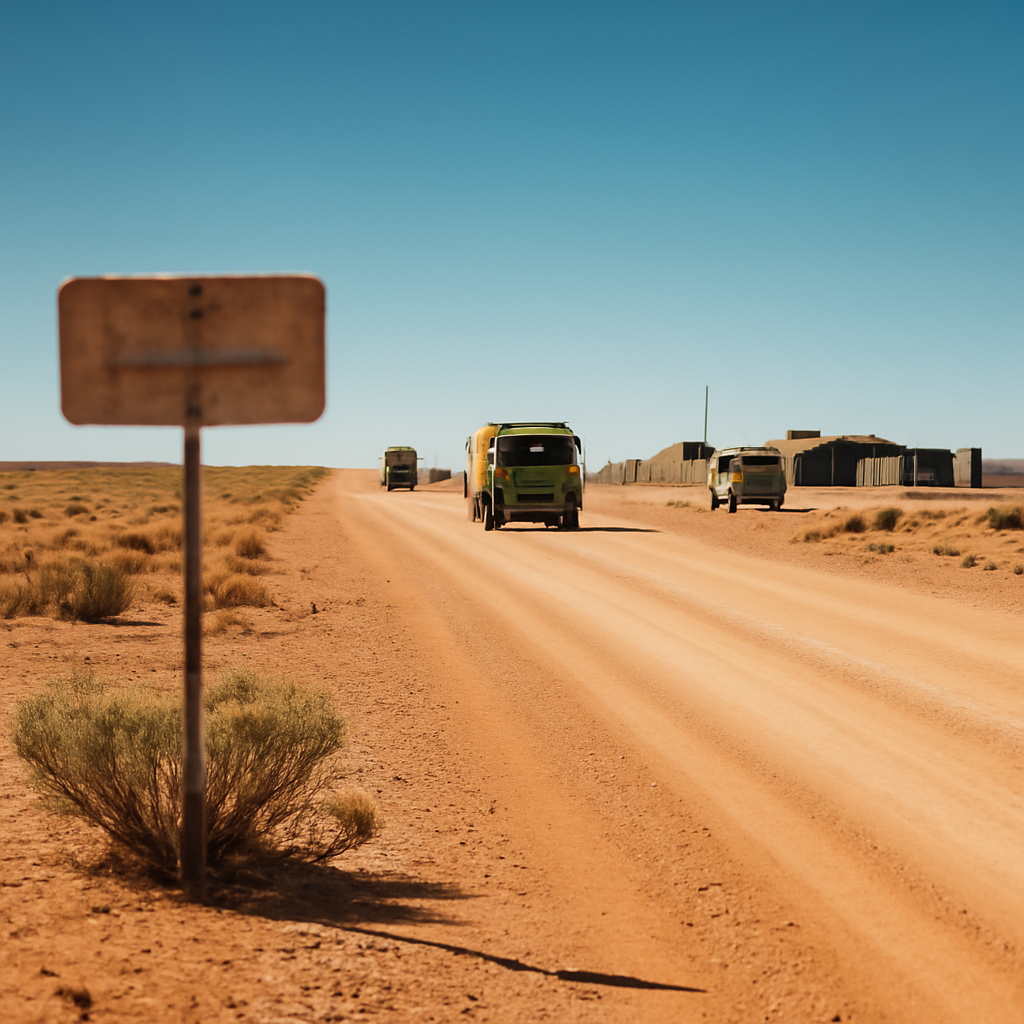 Military vehicles and logistics trucks near a small base in the Australian outback.