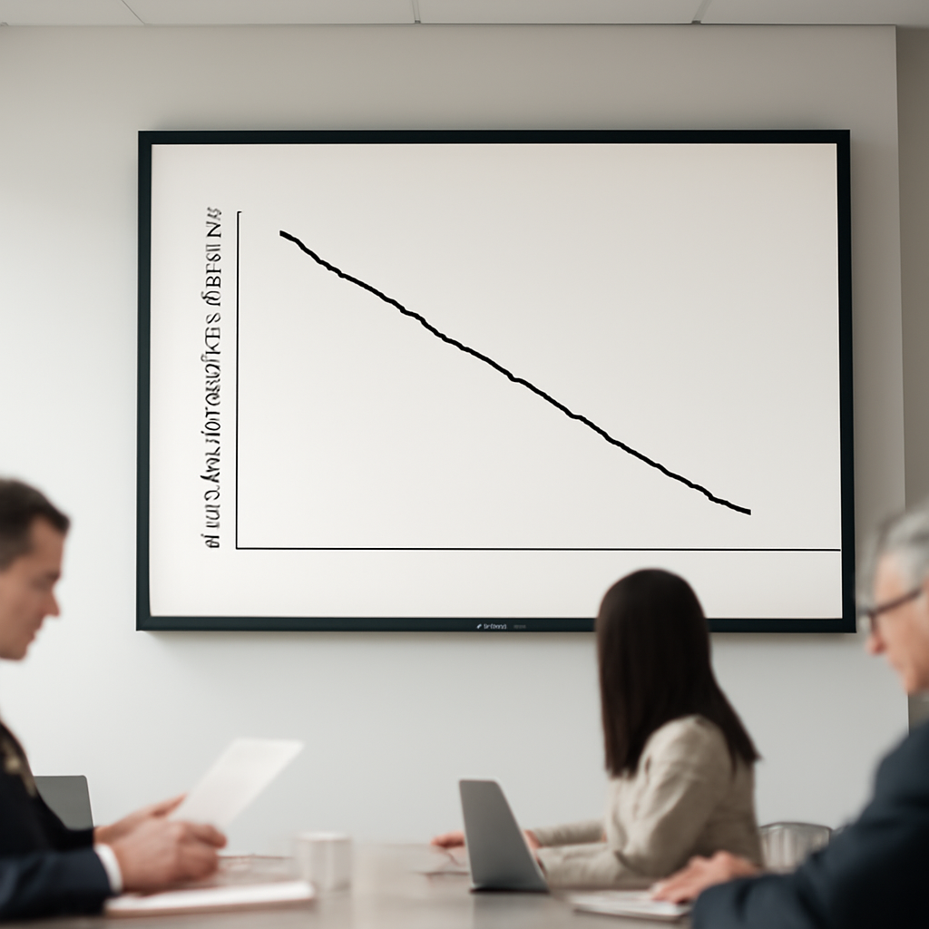 A line graph on a whiteboard shows a declining trend over time.