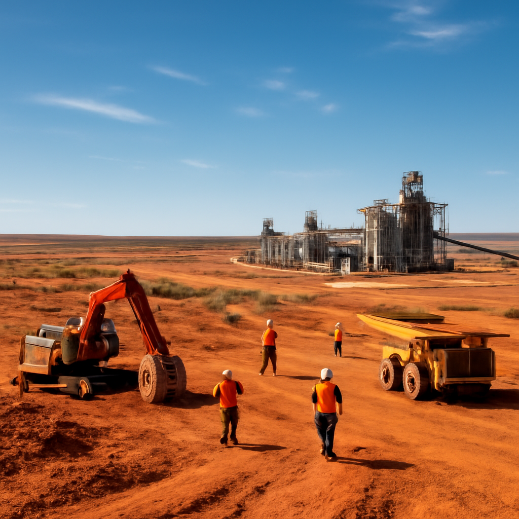 Australian mining landscape with processing facility and industrial machinery under a clear blue sky.