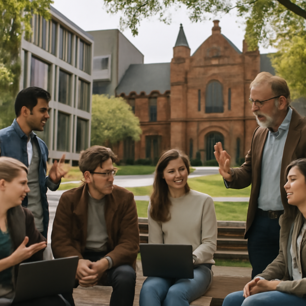 Students and academics of various ages and ethnicities discuss on a university campus with modern and historic buildings.