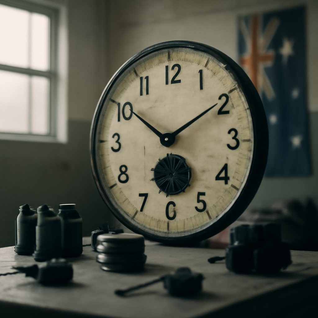 Worn analog clock ticks away in a utilitarian room with Australian symbols in the background.