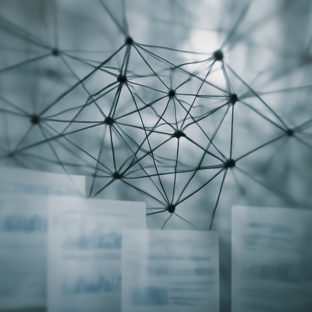Interconnected threads and nodes form a complex network, symbolizing blurred threats in national security.