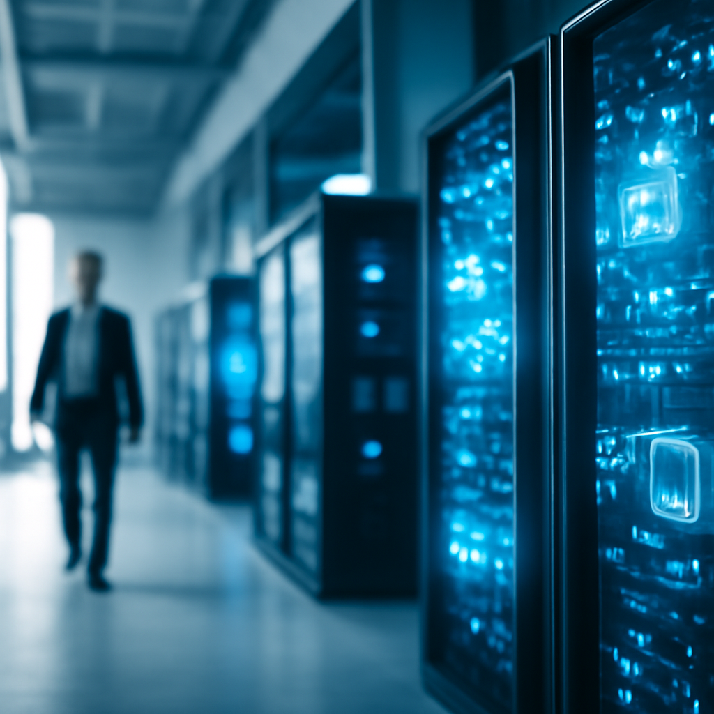 Futuristic tech facility with blurred AI servers and data storage.