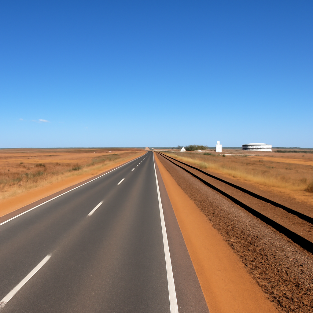 Straight highway and railway track stretch into the distance across a vast, open Australian landscape.