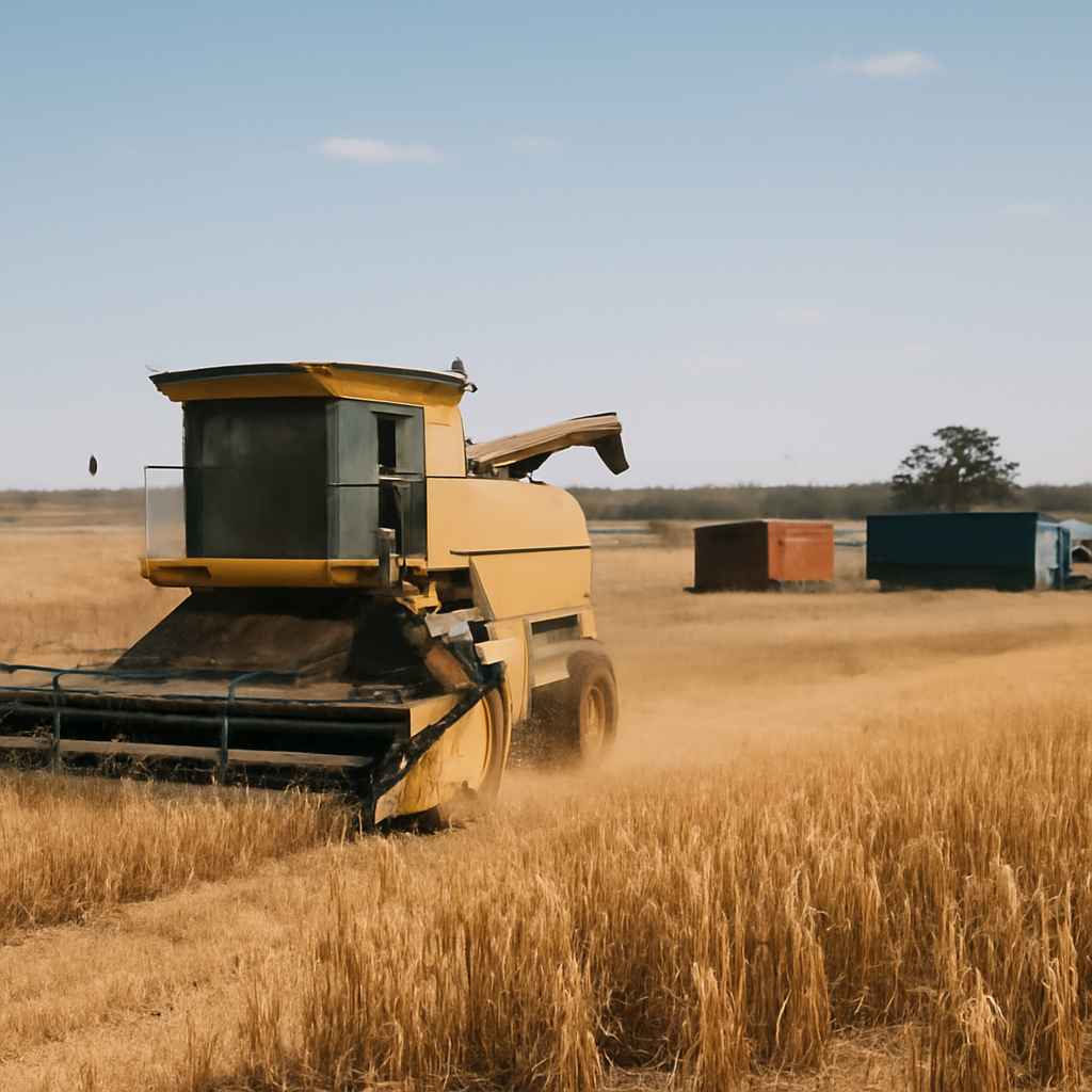 Rural Australian landscape with combine harvester, vast fields, and distant shipping containers.