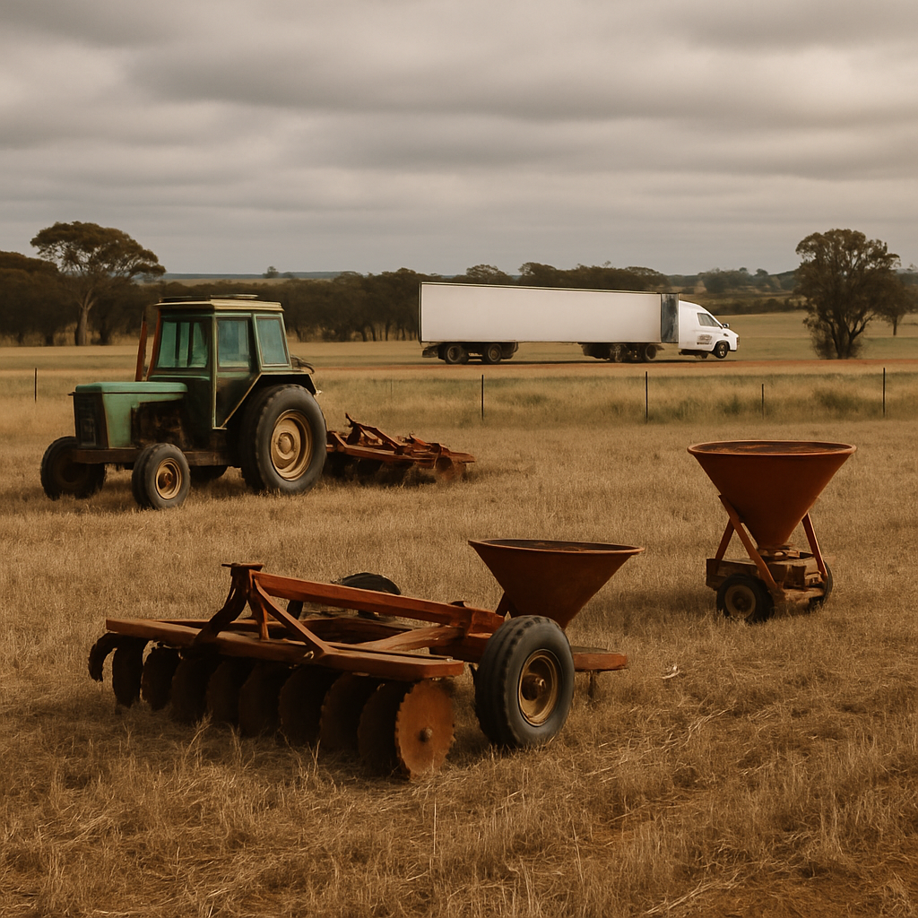 Rural Australian landscape with farm field and transport truck on dirt road under soft sunlight.
