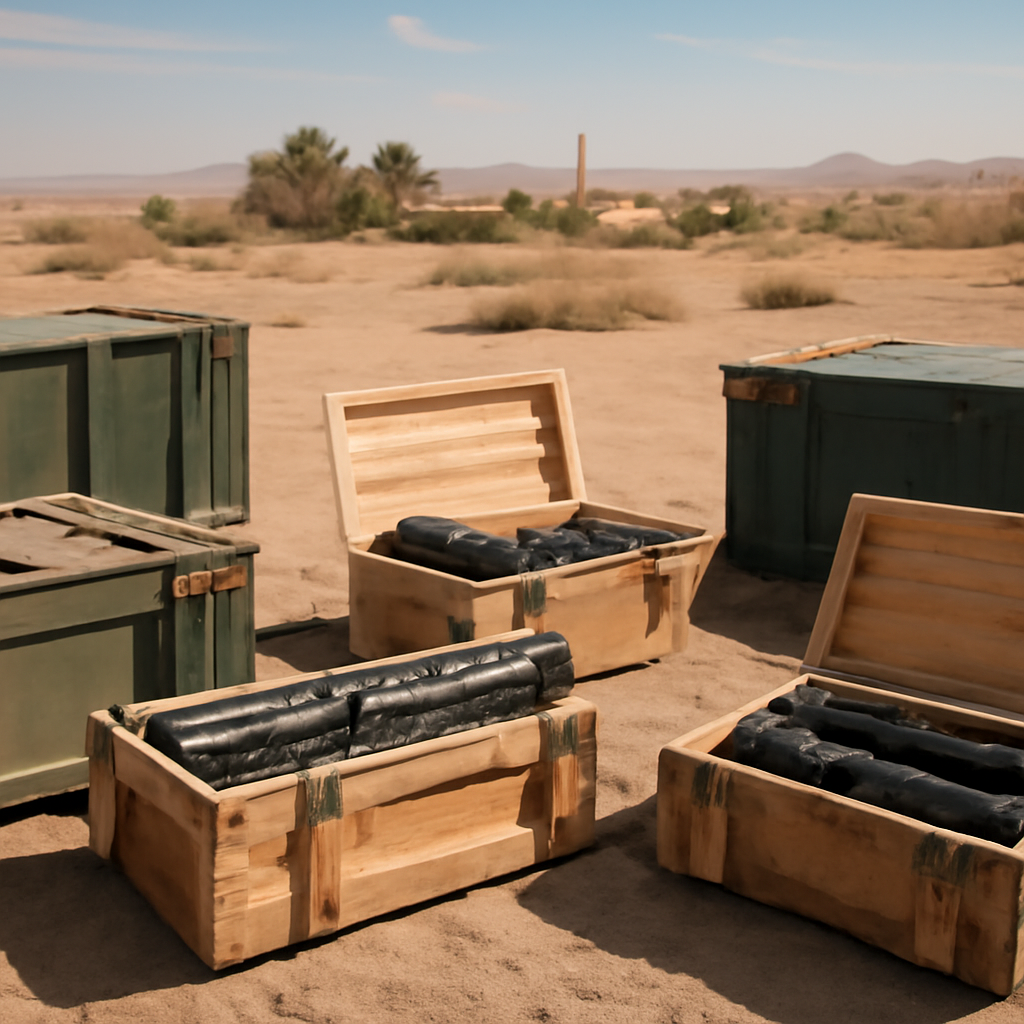 Military equipment spills out of shipping containers in a desert landscape.