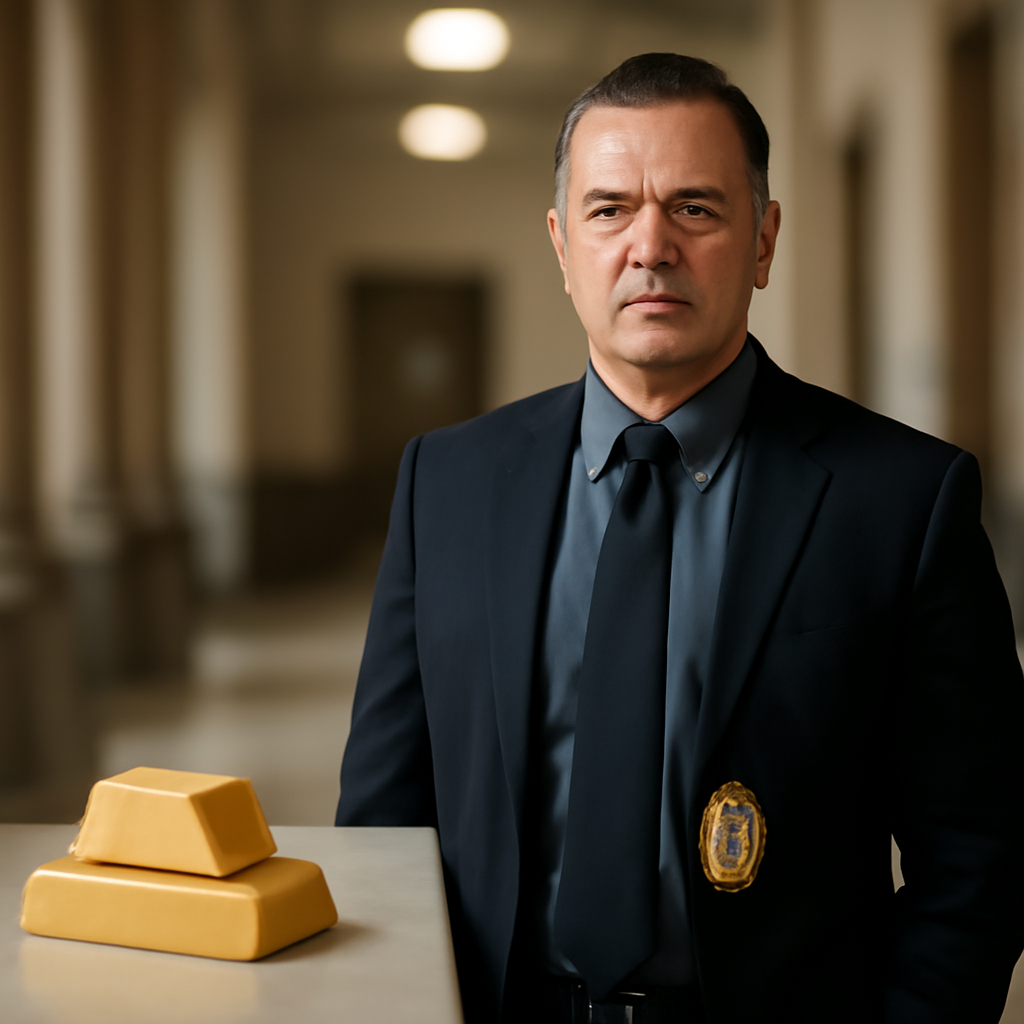 Law enforcement officer stands in a formal setting, conveying authority.