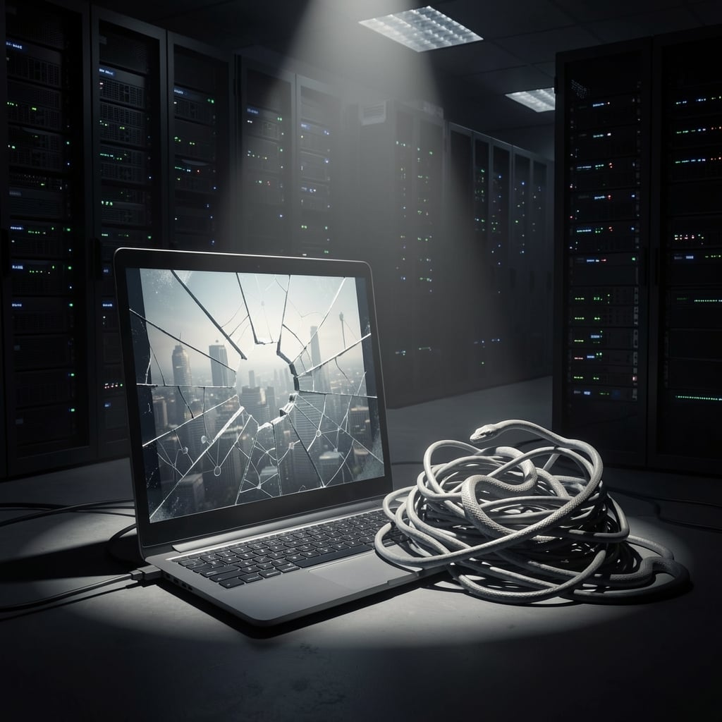Darkened server room with blinking servers and shattered computer screen showing ghostly cityscape.